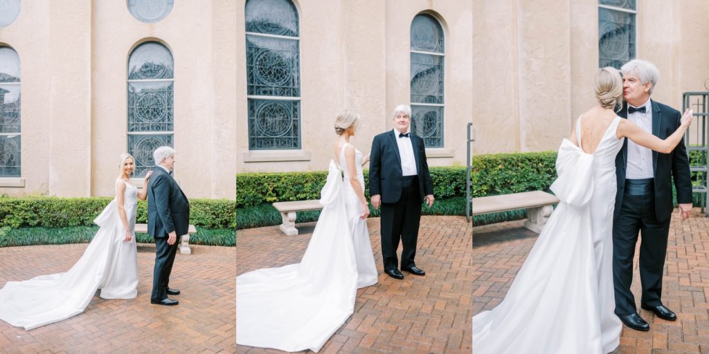The bride shares the first look moment with her father by Christina Elliott Photography. fathers first look at daughter Houston photo #christinaelliottphotography #Houstonweddings #catholicchurchweddings #navyblue #sayIdo #Houstonweddingphotographers
