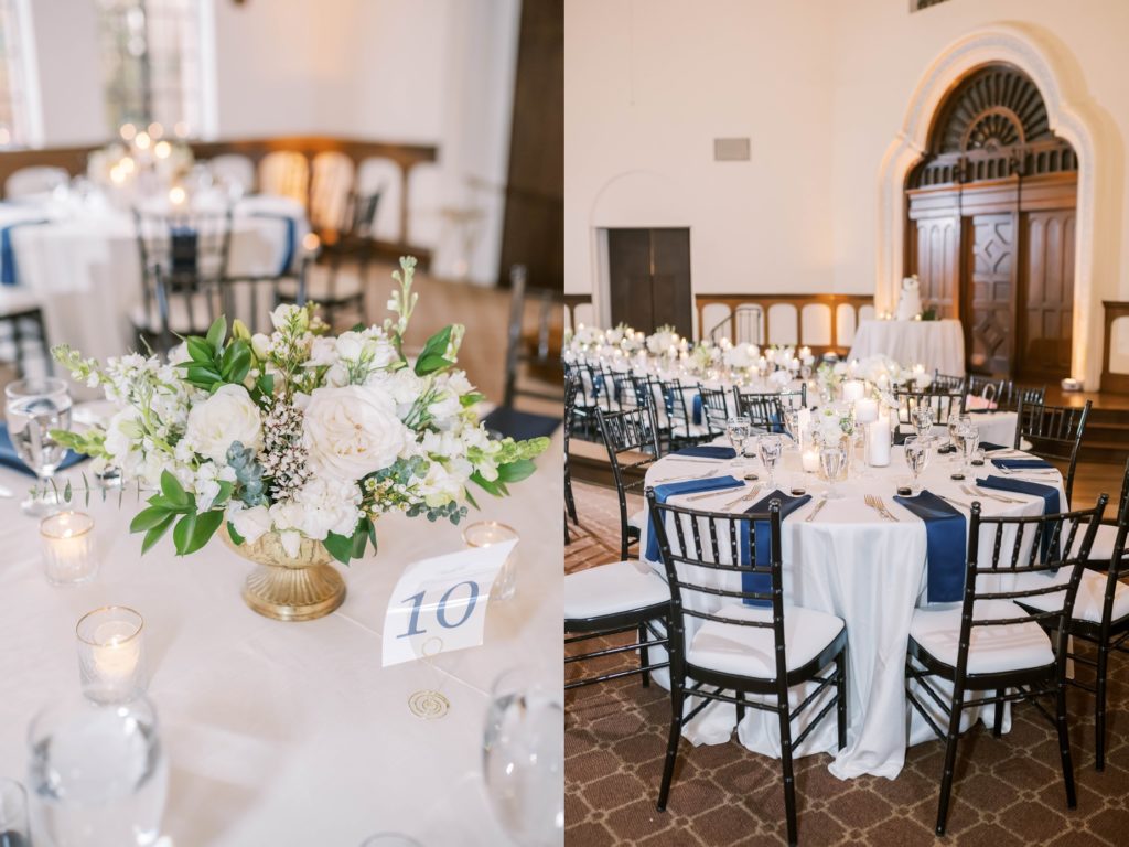 Black chairs with white and navy luncheon colors captured in Houston by Christina Elliott Photography. black chairs simple classy #christinaelliottphotography #Houstonweddings #catholicchurchweddings #navyblue #sayIdo #Houstonweddingphotographers