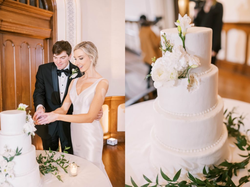 A wedding cake being cut by the bride and groom at a church wedding in Houston by Christina Elliott Photography. traditional cake #christinaelliottphotography #Houstonweddings #catholicchurchweddings #navyblue #sayIdo #Houstonweddingphotographers
