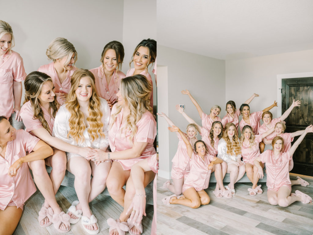 Bridesmaids with the bride on a couch in the bridal suite by Christina Elliott Photography. bridesmaids cheering #ChristinaElliottPhotography #ChristinaElliottWeddings #StillWatersRanchWedding #Texasweddings #countrywedding #ranchwedding
