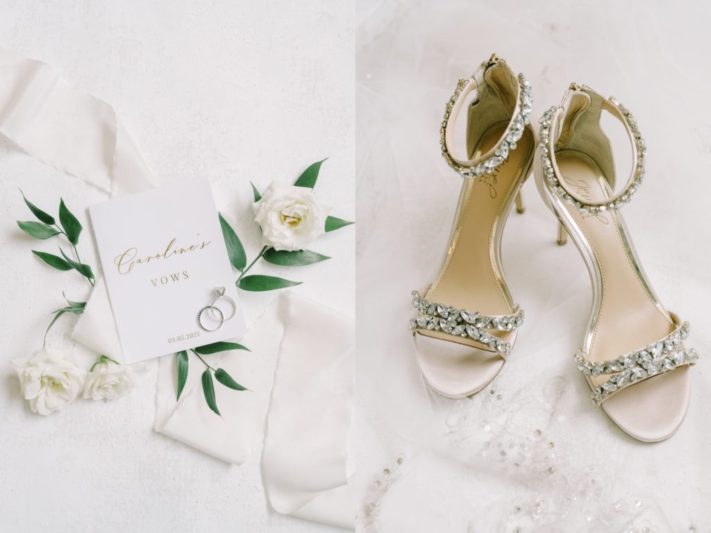 Flat-lay of the bridal heels and wedding vows with the rings by Christina Elliott Photography. vow and ring flat lay #ChristinaElliottPhotography #ChristinaElliottWeddings #StillWatersRanchWedding #Texasweddings #countrywedding #ranchwedding