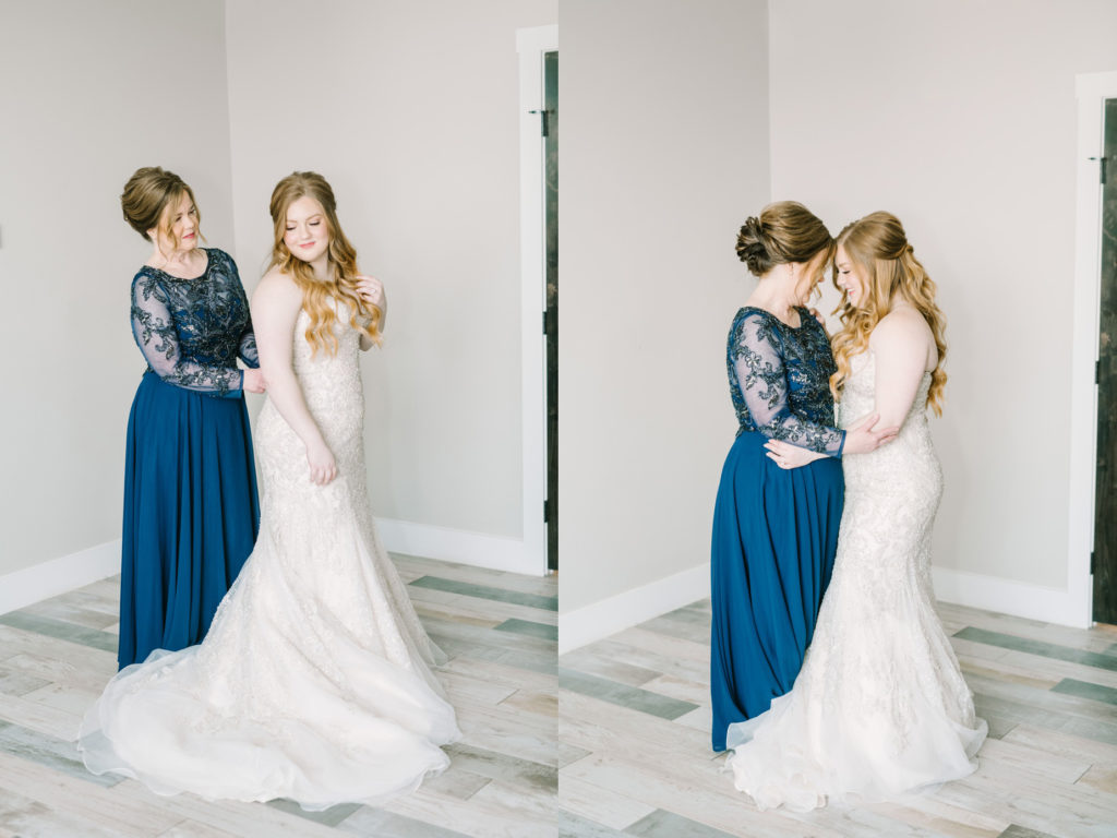 Christina Elliott Photography captures a mother in blue zipping up her daughters bridal gown on her wedding day. getting ready #ChristinaElliottPhotography #ChristinaElliottWeddings #StillWatersRanchWedding #Texaswedding #countrywedding #ranchwedding