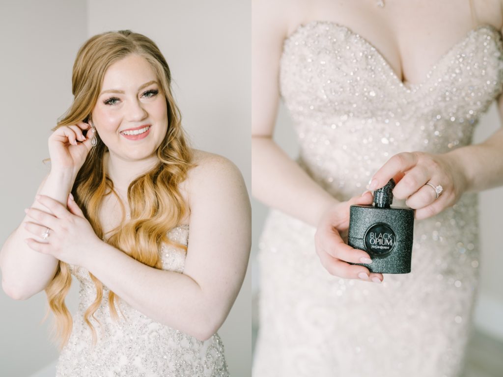 Texas wedding photographer Christina Elliott Photography captures a bride with her perfume. perfume for wedding earrings #ChristinaElliottPhotography #ChristinaElliottWeddings #StillWatersRanchWedding #Texasweddings #countrywedding #ranchwedding