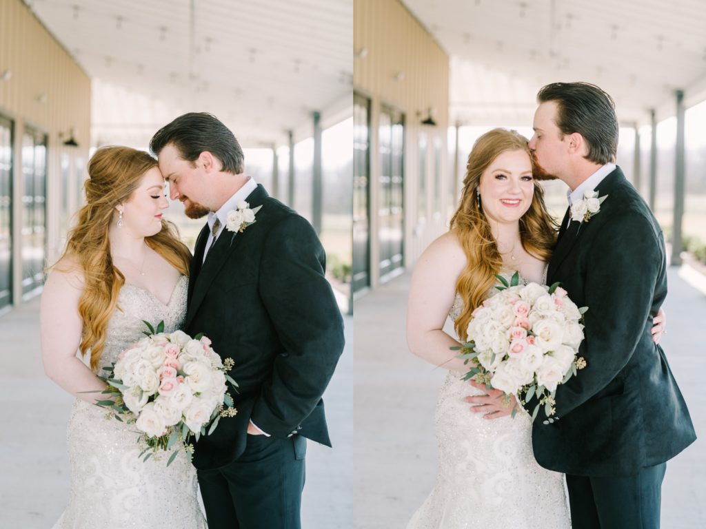 A groom kisses his strawberry blonde wife on the head captured by Christina Elliott Photography. strawberry blonde bride #ChristinaElliottPhotography #ChristinaElliottWeddings #StillWatersRanchWedding #Texasweddings #countrywedding #ranchwedding