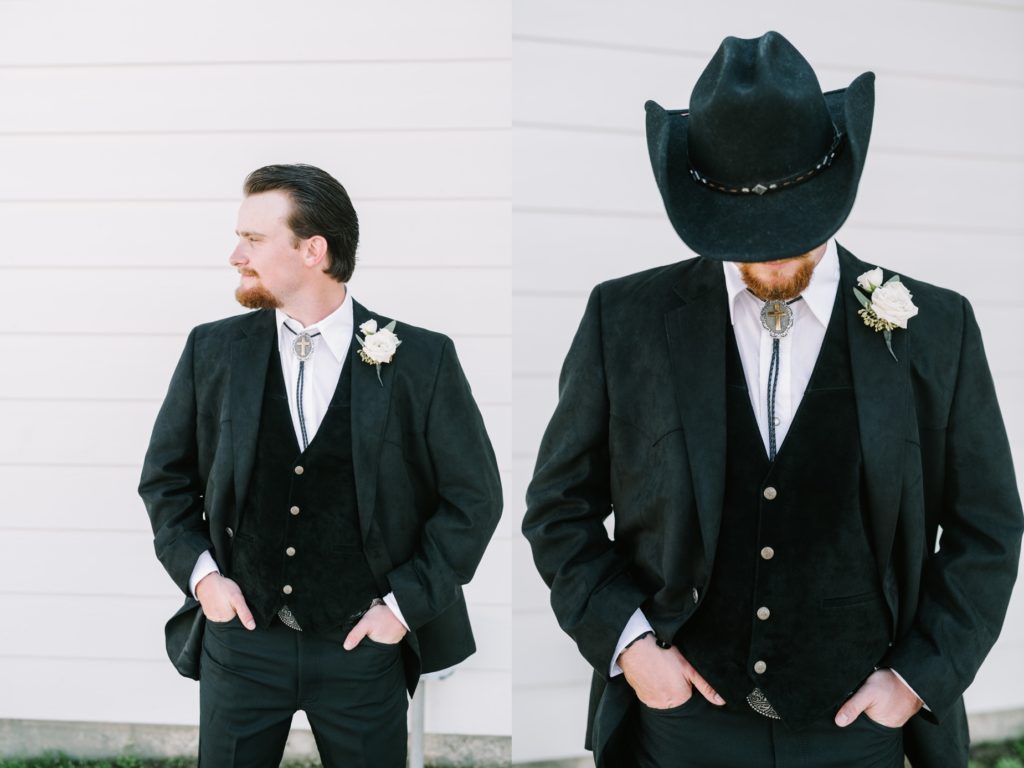 A portrait of the groom wearing a black cowboy hat and bolo tie was captured by Christina Elliott Photography. cowboy groom #ChristinaElliottPhotography #ChristinaElliottWeddings #StillWatersRanchWedding #Texasweddings #countrywedding #ranchwedding