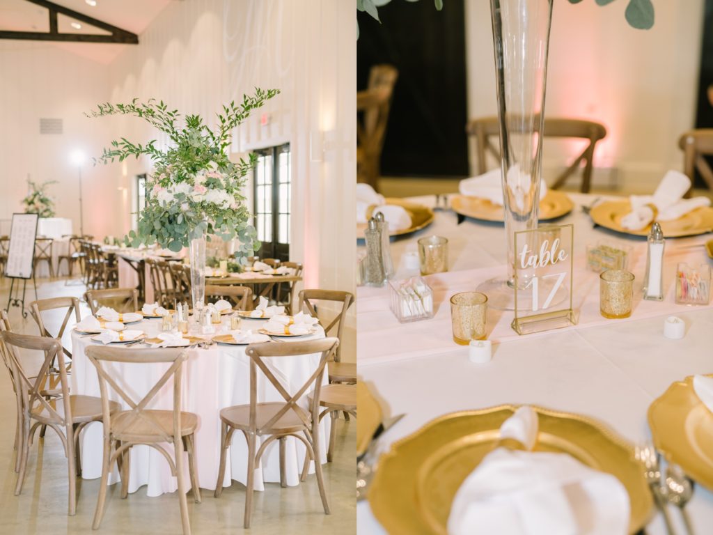 Indoor wedding luncheon at Still Waters Ranch in Texas by Christina Elliott Photography. wooden chairs gold table decor #ChristinaElliottPhotography #ChristinaElliottWeddings #StillWatersRanchWedding #Texasweddings #countrywedding #ranchwedding