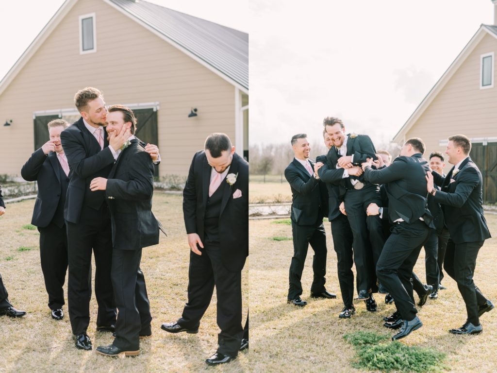 Groomsmen pick up the groom and throw him in the air captured by Christina Elliott Photography. groomsmen fun pics #ChristinaElliottPhotography #ChristinaElliottWeddings #StillWatersRanchWedding #Texasweddings #countrywedding #ranchwedding