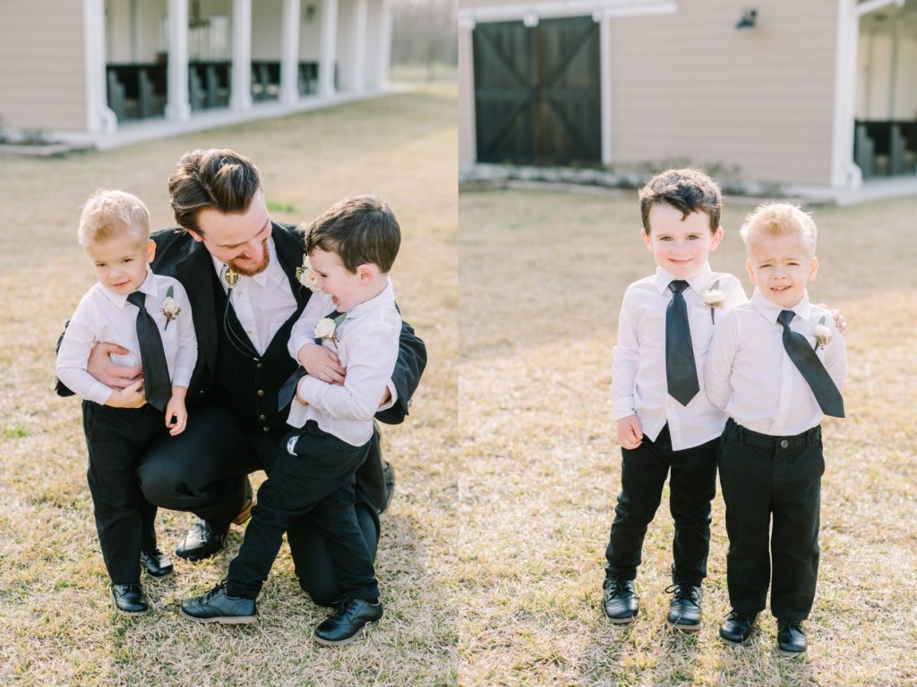 Christina Elliott Photography captures a darling portrait of the groom with two little boys. little boys in wedding brothers #ChristinaElliottPhotography #ChristinaElliottWeddings #StillWatersRanchWedding #Texasweddings #countrywedding #ranchwedding