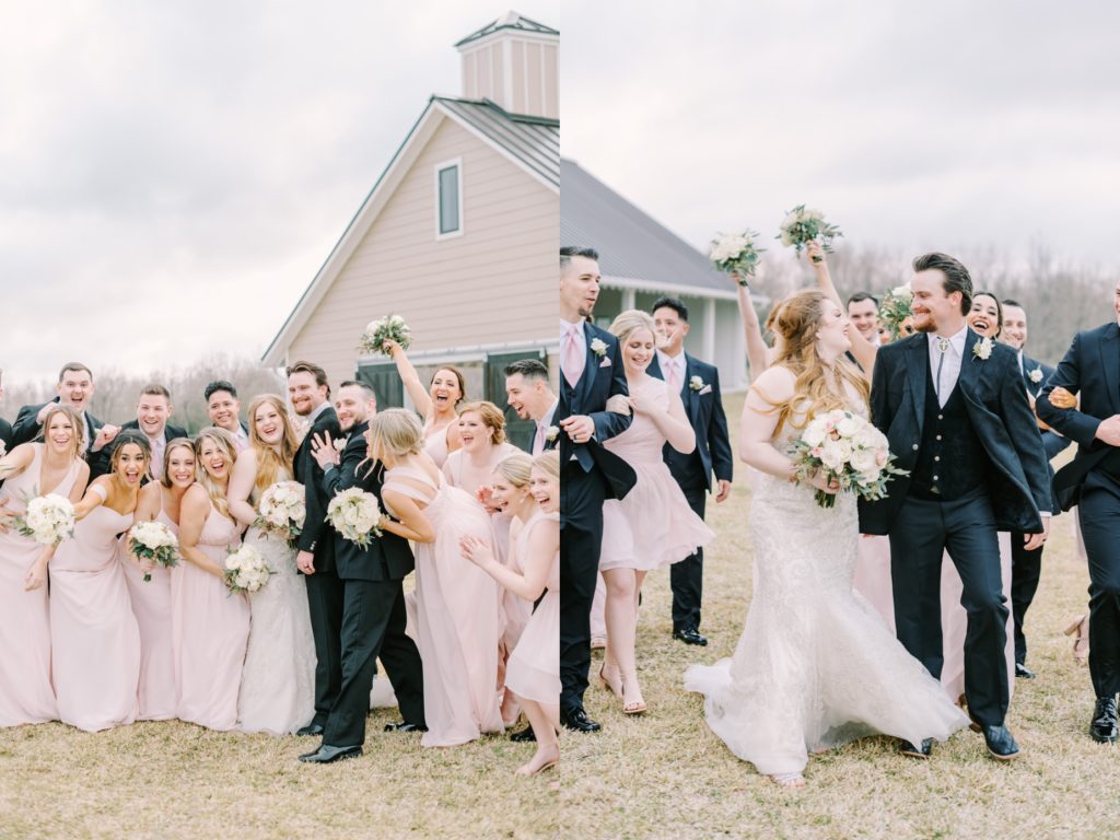Christina Elliott Photography captures bridesmaids and groomsmen cheering for the happy couple. happily ever after #ChristinaElliottPhotography #ChristinaElliottWeddings #StillWatersRanchWedding #Texasweddings #countrywedding #ranchwedding