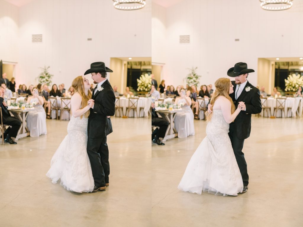 Western inspired wedding at ranch in Texas where couple shares first dance by Christina Elliott Photography. western wedding #ChristinaElliottPhotography #ChristinaElliottWeddings #StillWatersRanchWedding #Texasweddings #countrywedding #ranchwedding