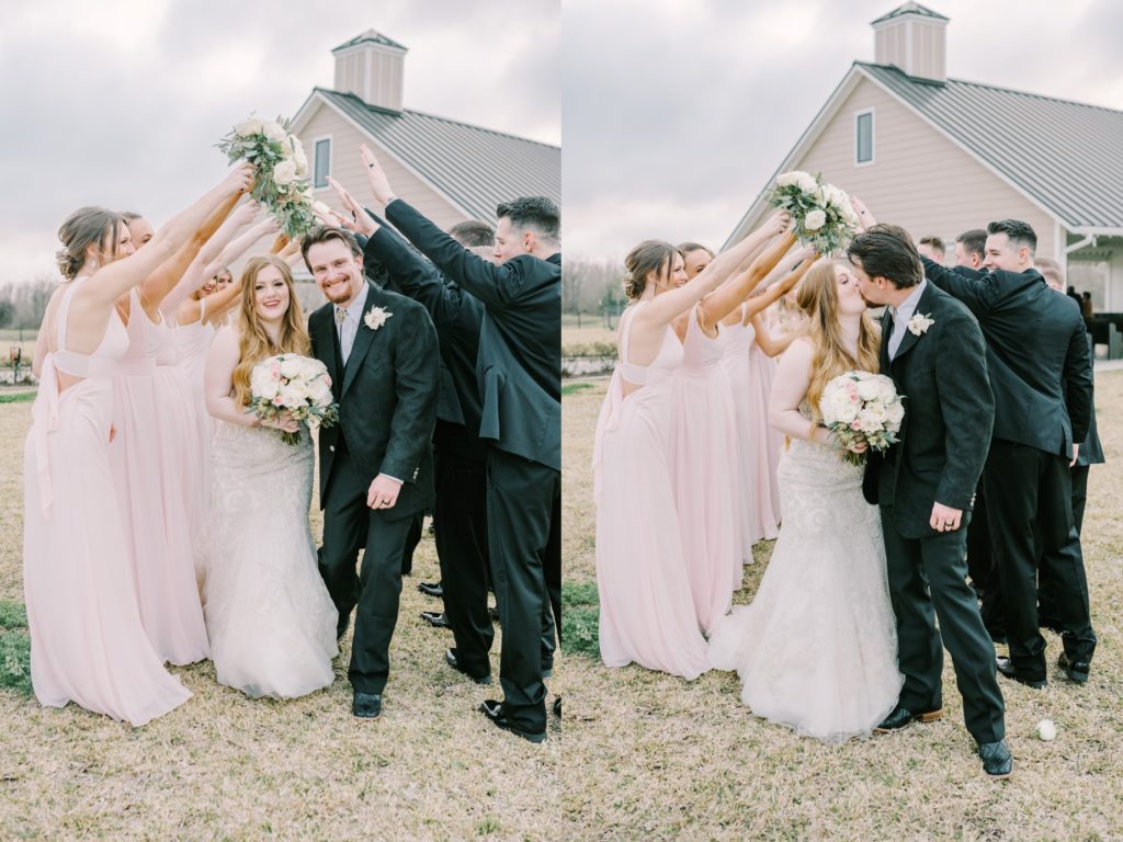 Bride and groom kiss under an arch of hands, on the wedding day by Christina Elliott Photography. Ranch wedding cowboy #ChristinaElliottPhotography #ChristinaElliottWeddings #StillWatersRanchWedding #Texasweddings #countrywedding #ranchwedding