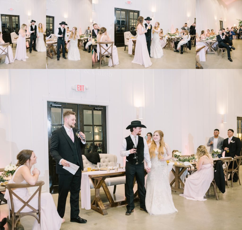 The best man gives a speech at the wedding luncheon captured by Christina Elliott Photography. best man speech redneck wed #ChristinaElliottPhotography #ChristinaElliottWeddings #StillWatersRanchWedding #Texasweddings #countrywedding #ranchwedding