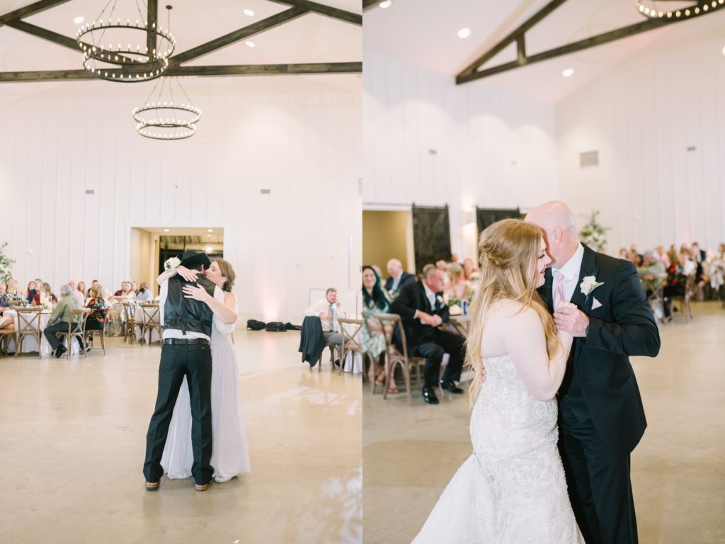 Southern belle bride share a daddy daughter dance with her father by Christina Elliott Photography. daddy daughter dance #ChristinaElliottPhotography #ChristinaElliottWeddings #StillWatersRanchWedding #Texasweddings #countrywedding #ranchwedding