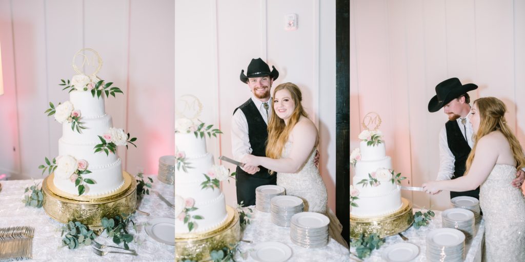 Bride and groom cut the cake together captured by wedding photographer Christina Elliott Photography. cut the wedding cake #ChristinaElliottPhotography #ChristinaElliottWeddings #StillWatersRanchWedding #Texasweddings #countrywedding #ranchwedding
