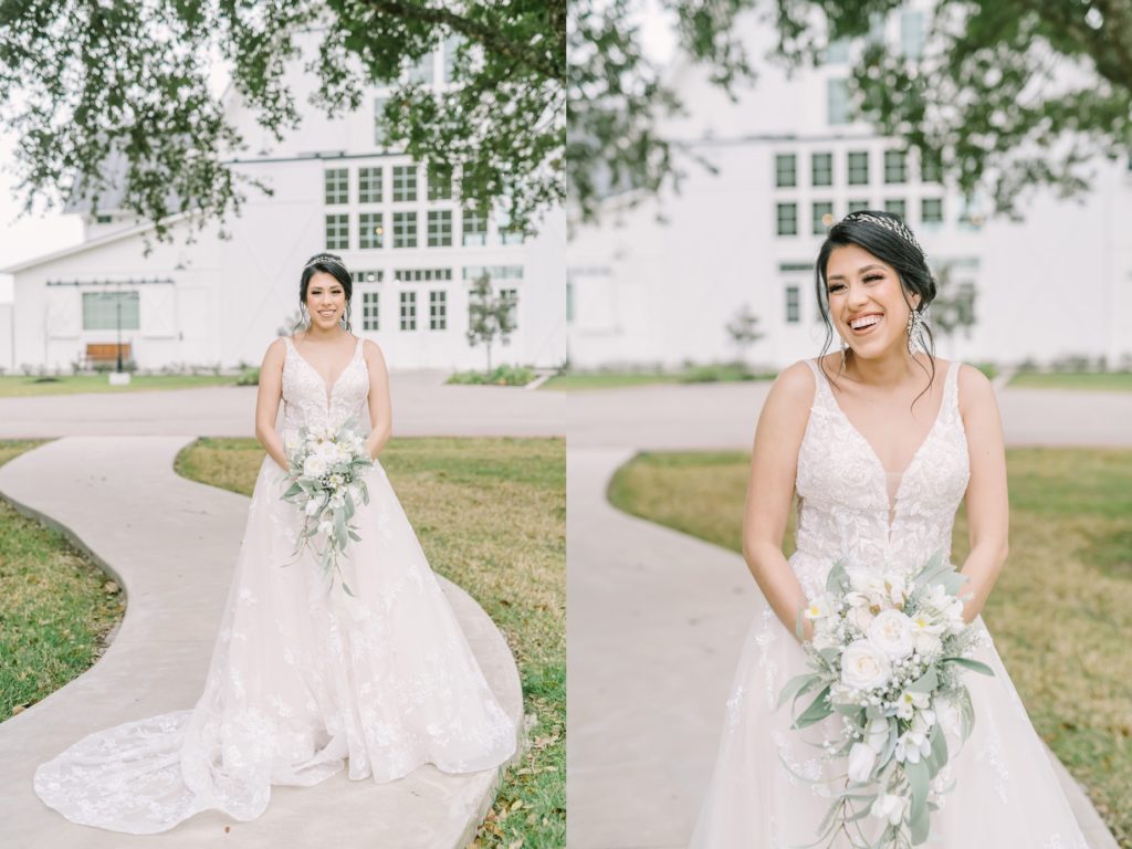 Laughing bride with white rose floral bouquet in East Houston by Christina Elliott Photography. country style bridals #ChristinaElliottPhotography #ChristinaElliottBridals #Houstonweddings #Farmhousewedding #TheSpringsVenue #BridalsHouston