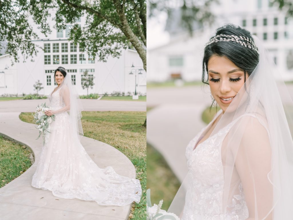 Bridal portrait of a bride looking down wearing a v-neck summer wedding gown by Christina Elliott Photography. bridal gown makeup #ChristinaElliottPhotography #ChristinaElliottBridals #Houstonwedding #Farmhousewedding #TheSpringsVenue #BridalsHouston
