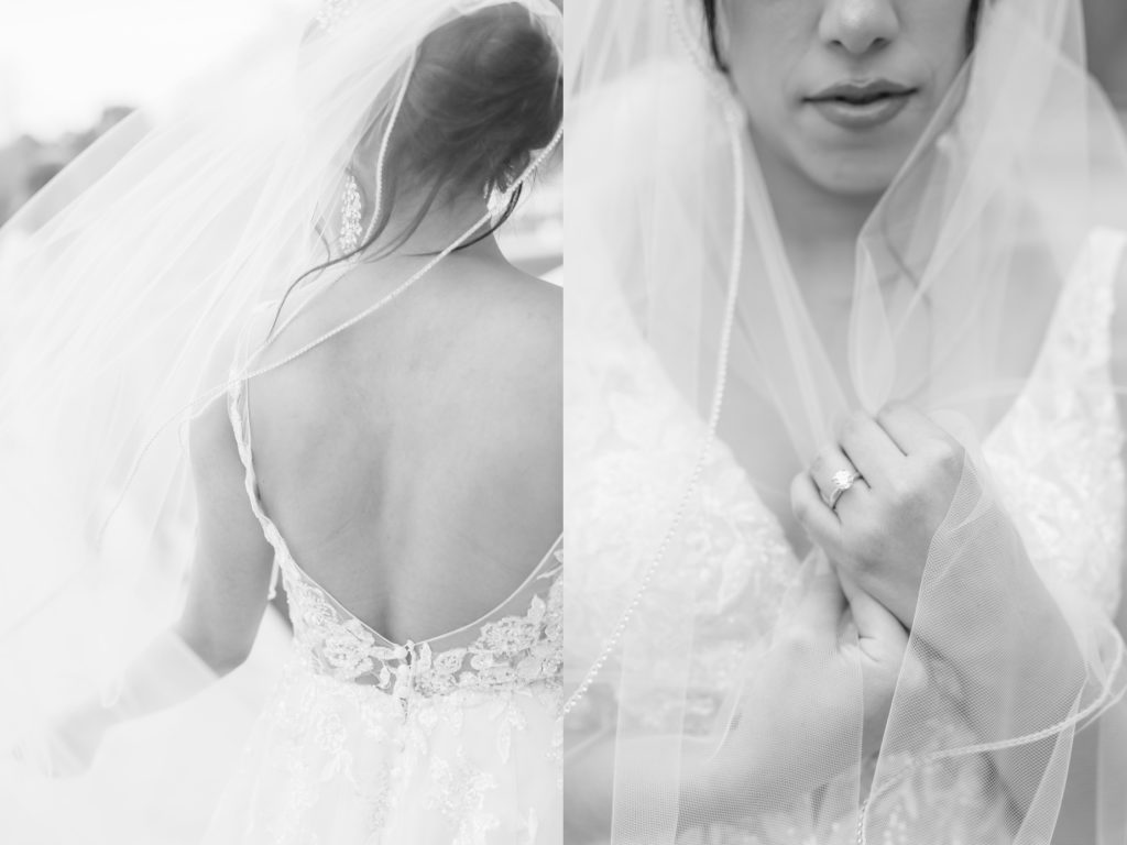 Black and white portrait featuring the scooped back of a wedding gown by Christina Elliott Photography. open back bridal gown #ChristinaElliottPhotography #ChristinaElliottBridals #Houstonweddings #Farmhousewedding #TheSpringsVenue #BridalsHouston