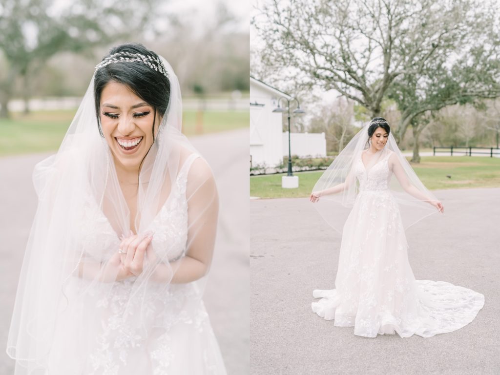 Bride laughs while wearing her floral lace wedding dress by Christina Elliott Photography. laughing bride head piece farm #ChristinaElliottPhotography #ChristinaElliottBridals #Houstonweddings #Farmhousewedding #TheSpringsVenue #BridalsHouston