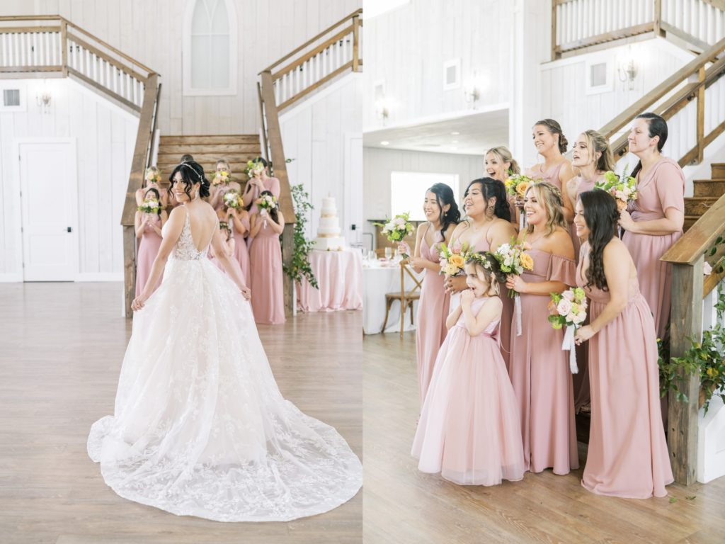Bridesmaids get a first look of the bride in her wedding gown by Christina Elliott Photography. first look wedding dress #ChristinaElliottPhotography #ChristinaElliottWeddings #Houstonwedding #TheSpringsVenue #EastHoustonweddings #Mrs #Mr