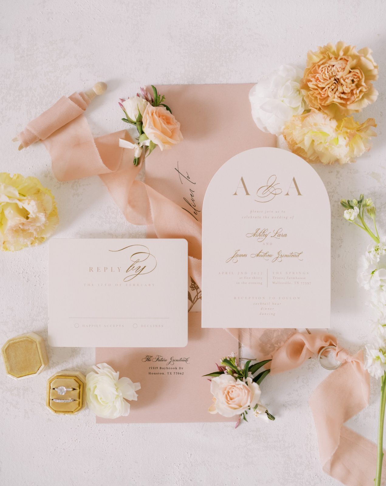 Flat lay of wedding invitation and weddign rings by Christina Elliott Photography. pink wedding announcements yellow ring box #ChristinaElliottPhotography #ChristinaElliottWeddings #Houstonweddings #TheSpringsVenue #EastHoustonweddings #Mrs #Mr