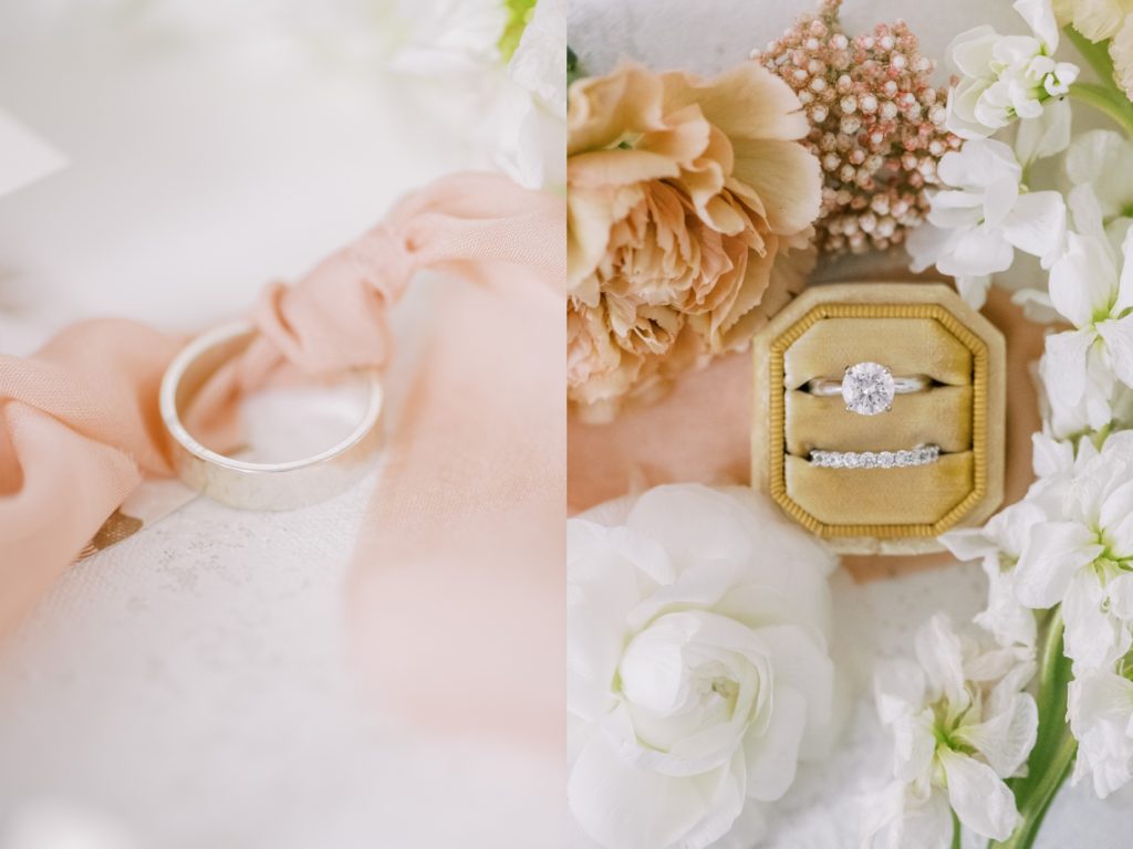 A silver bridal ring and band with simple circle design line captured by Christina Elliott Photography. yellow ring box round diamond #ChristinaElliottPhotography #ChristinaElliottWeddings #Houstonweddings #TheSpringsVenue #EastHoustonweddings #Mrs