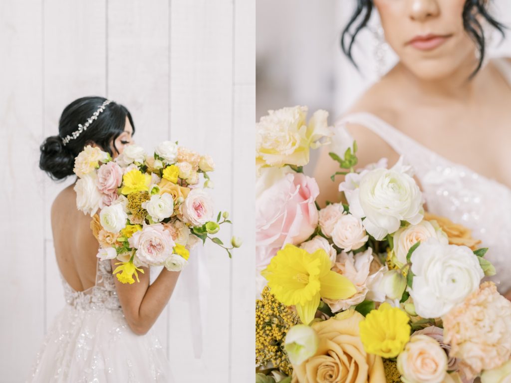 Christina Elliott Photography captures a close-up portrait of a spring-inspired bridal bouquet. bride with her bouquet daffodils #ChristinaElliottPhotography #ChristinaElliottWeddings #Houstonwedding #TheSpringsVenue #EastHoustonweddings #Mrs #Mr