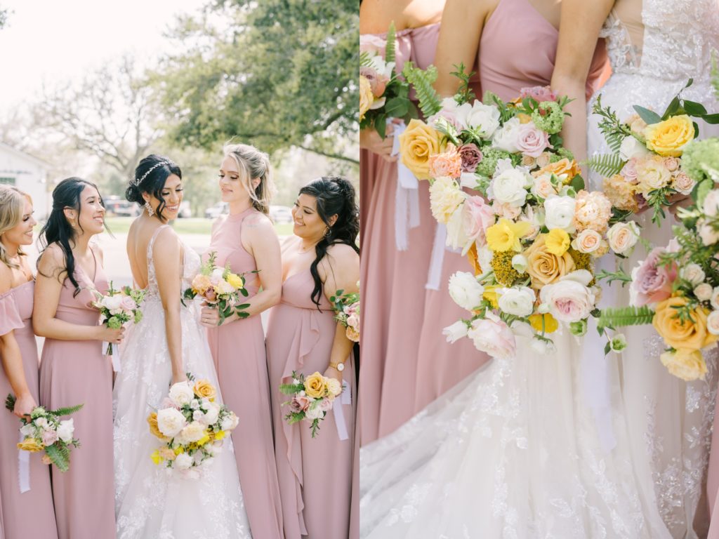 Spring wedding in Houston with yellow and pink florals by Christina Elliott Photography. mauve dresses yellow roses spring wedding #ChristinaElliottPhotography #ChristinaElliottWeddings #Houstonwedding #TheSpringsVenue #EastHoustonweddings #Mrs #Mr