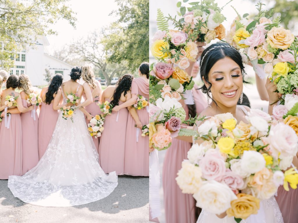 The bride hugs her bridesmaids from behind in a photo captured by Christina Elliott Photography. the girls on wedding day #ChristinaElliottPhotography #ChristinaElliottWeddings #Houstonwedding #TheSpringsVenue #EastHoustonweddings #Mrs #Mr