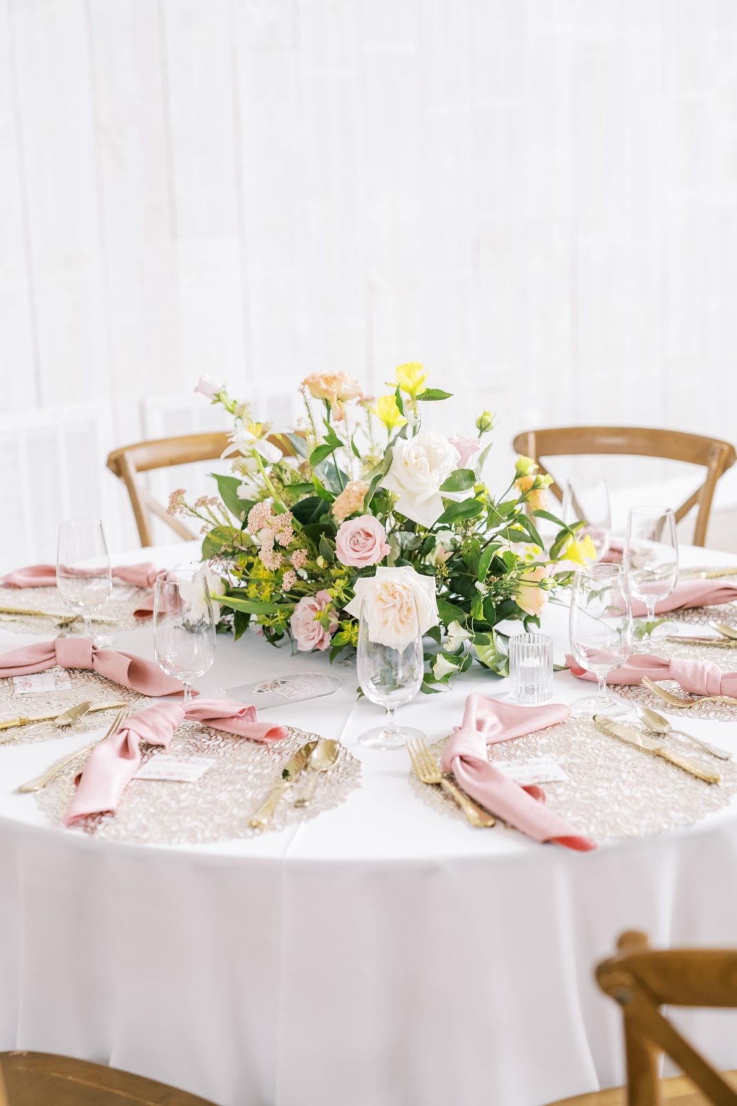 Christina Elliott Photography captures a wedding luncheon with wood chairs and lace doilies in Houston. feminine wedding luncheons #ChristinaElliottPhotography #ChristinaElliottWeddings #Houstonwedding #TheSpringsVenue #EastHoustonweddings