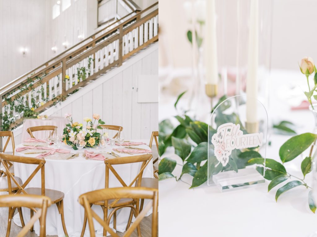 Inside a barn, a summer wedding set-up includes fresh greens down the banister by Christina Elliott Photography. fresh greens wedding #ChristinaElliottPhotography #ChristinaElliottWeddings #Houstonwedding #TheSpringsVenue #EastHoustonweddings