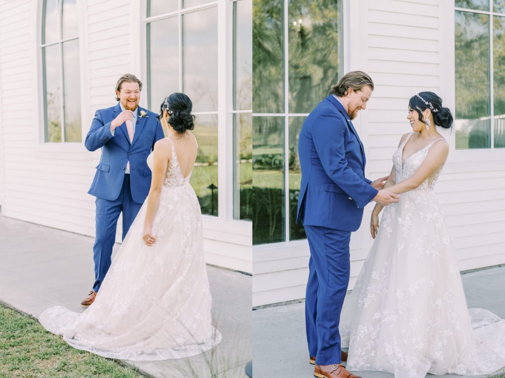 A groom is pleased and smiles when experiencing the first look with his bride by Christina Elliott Photography. first look groom #ChristinaElliottPhotography #ChristinaElliottWeddings #Houstonwedding #TheSpringsVenue #EastHoustonweddings #Mrs #Mr