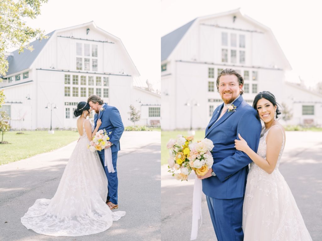 A groom in a blue suit puts his forehead on the bride's for a romantic bridal by Christina Elliott Photography. romantic wedding #ChristinaElliottPhotography #ChristinaElliottWeddings #Houstonwedding #TheSpringsVenue #EastHoustonweddings #Mrs #Mr