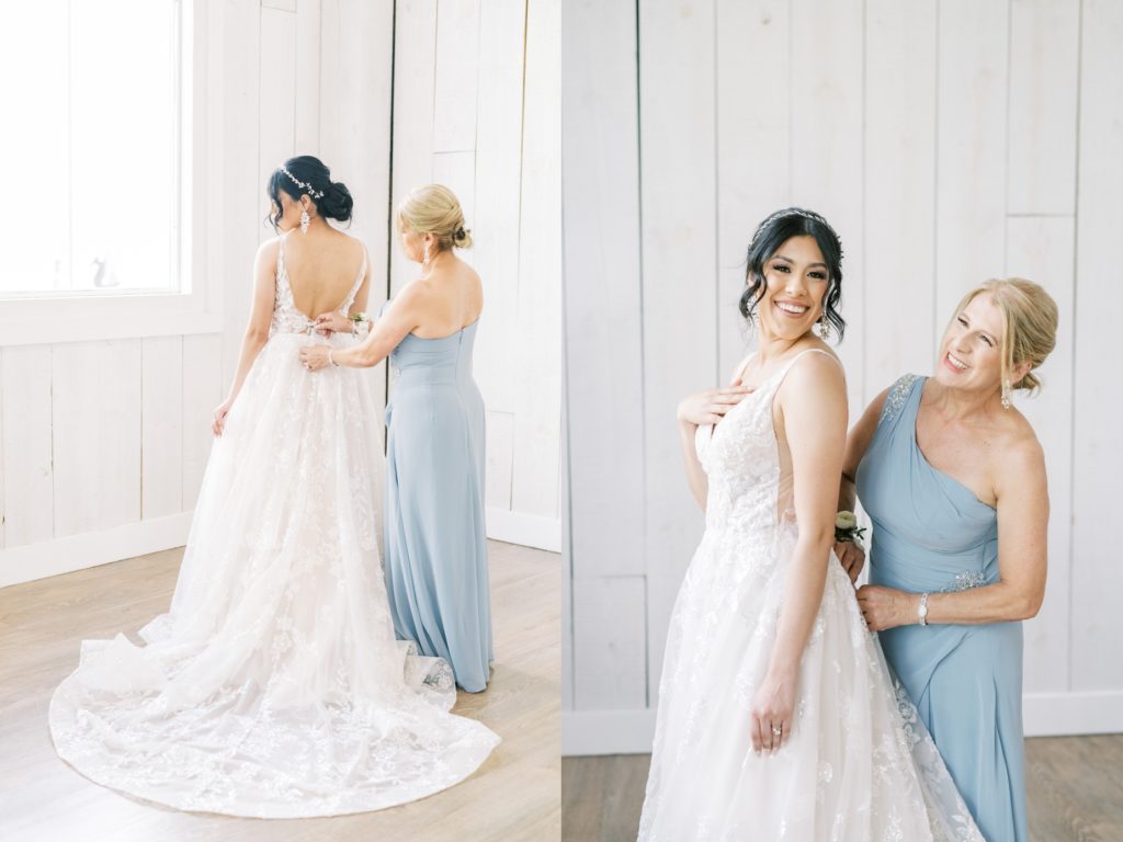 The mother of the bride in a baby blue gown zips up her daughter's wedding gown by Christina Elliott Photography. baby blue mother of bride #ChristinaElliottPhotography #ChristinaElliottWeddings #Houstonwedding #EastHoustonweddings #Mrs #Mr