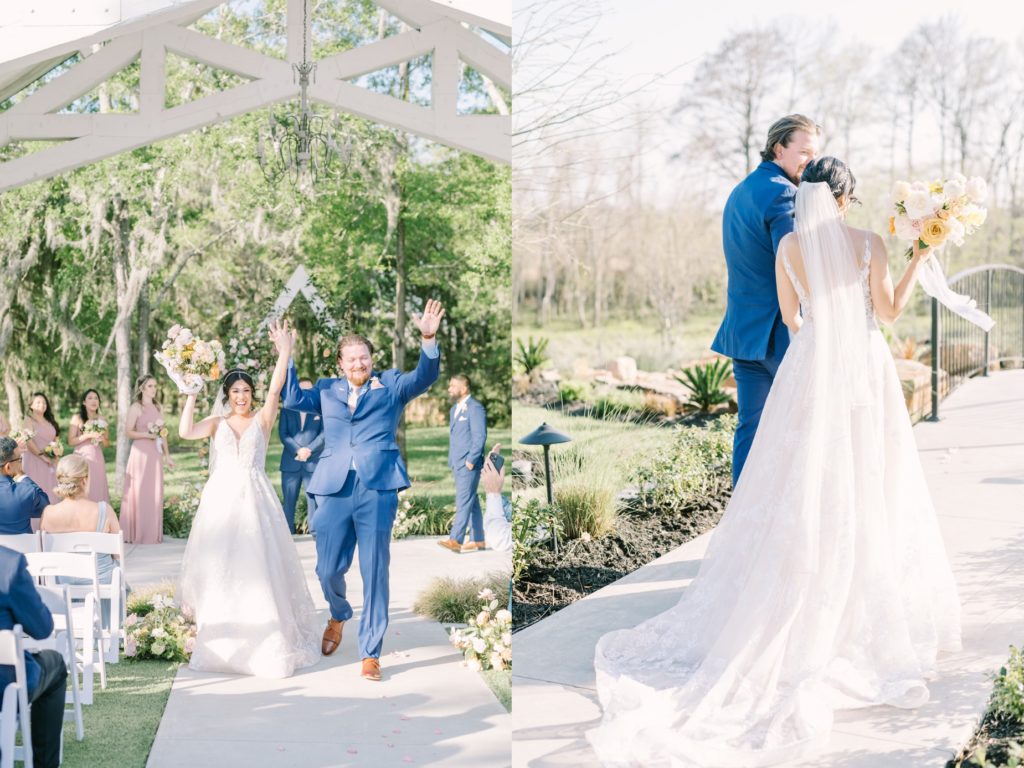 Wedding photographer Christina Elliott Photography captures the bride and groom cheering as they walk down the aisle. just married #ChristinaElliottPhotography #ChristinaElliottWeddings #Houstonwedding #TheSpringsVenue #EastHoustonweddings #sayIdo
