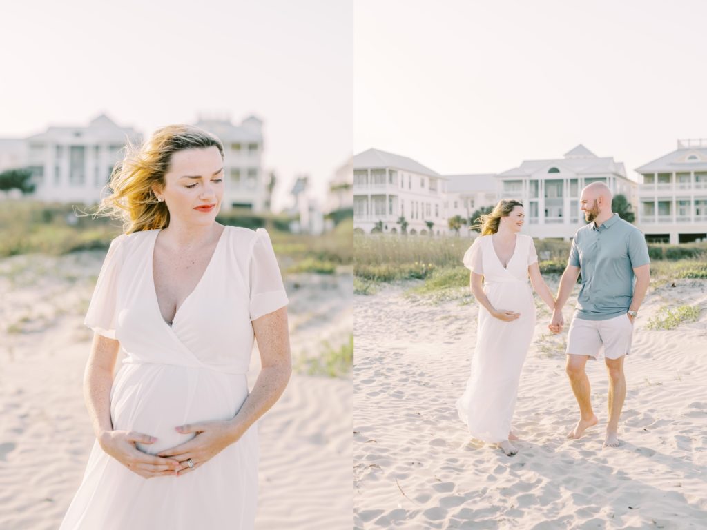 Christina Elliott Photography captures a portrait of a pregnant woman in white holding her bump. beach bump photography #ChristinaElliottPhotography #ChristinaElliottFamilies #GalvestonPhotography #Beachmaternityphotography #Texasfamilyphotographers