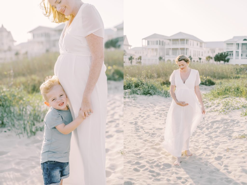 A little boy hugs his mother's pregnant belly by Christina Elliott Photography. Galveston maternity photographers #ChristinaElliottPhotography #ChristinaElliottFamilies #GalvestonPhotography #Beachmaternityphotography #Texasfamilyphotographers