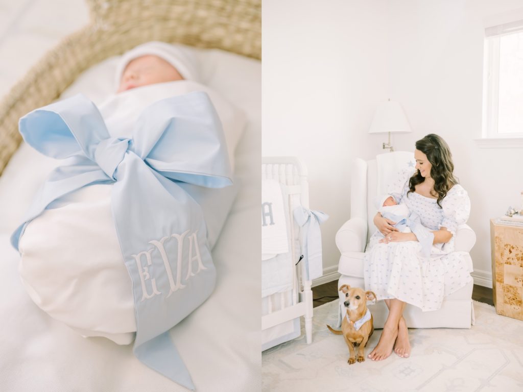 A mother holds her newborn baby girl on a rocker in a nursery by Christina Elliott Photography. mother and baby on a rocker #ChristinaElliottPhotography #ChristinaElliottNewborns #HoustonLifestyleNewborns #HoustonFamilyPhotographer