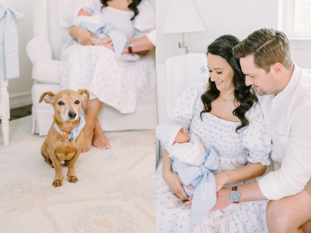 Cute little dog protecting his newborn baby sister by Christina Elliott Photography. dog and baby new parents newborn and dog #ChristinaElliottPhotography #ChristinaElliottNewborns #HoustonLifestyleNewborns #HoustonFamilyPhotographer