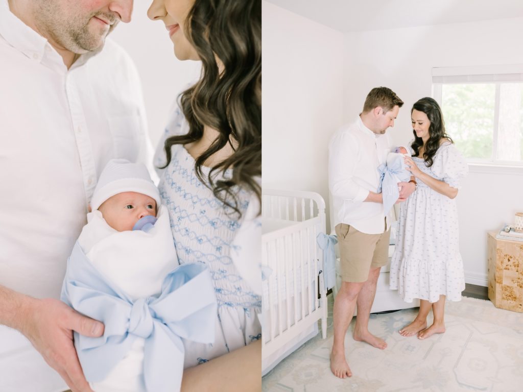 Houston family photographer Christina Elliott Photography catprues a close-up of a baby in between her parents arms. new family #ChristinaElliottPhotography #ChristinaElliottNewborns #HoustonLifestyleNewborns #HoustonFamilyPhotographer