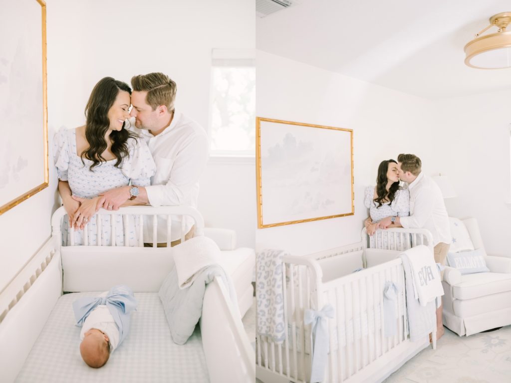 Father and mother kiss on the edge of a crib with newborn inside by Christina Elliott Photography. engaged couple kiss at crib #ChristinaElliottPhotography #ChristinaElliottNewborns #HoustonLifestyleNewborns #HoustonFamilyPhotographer