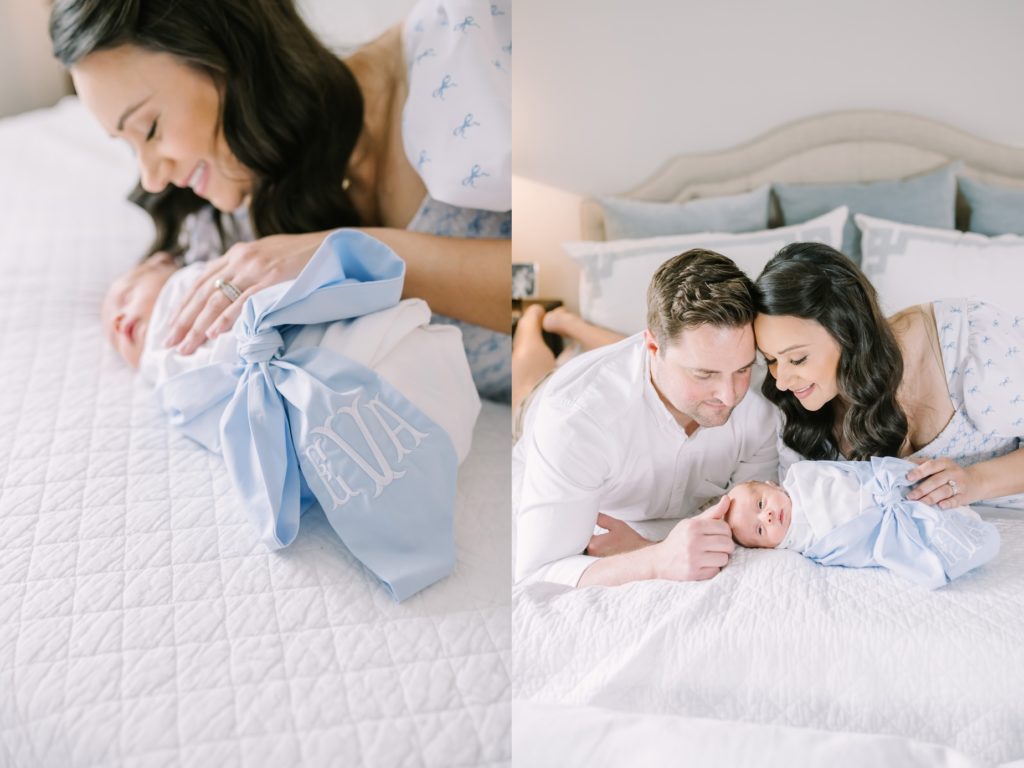 Mother and father lay on a bed over their newborn baby by Christina Elliott Photography. Houston Newborns new mother and father lifestyle #ChristinaElliottPhotography #ChristinaElliottNewborns #HoustonLifestyleNewborns #HoustonFamilyPhotographer