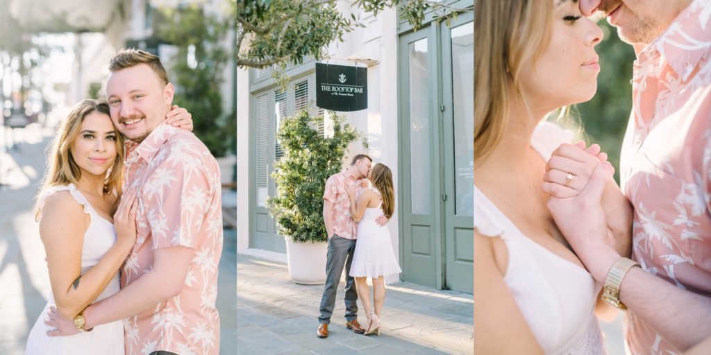 Christina Elliott Photography captures an engaged couple kissing outside the Tremont House. Texas engagement photography holding hands #ChristinaElliottPhotography #ChristinaElliottEngagements #TheTremontHouse #Texasengagements #shesaidyes