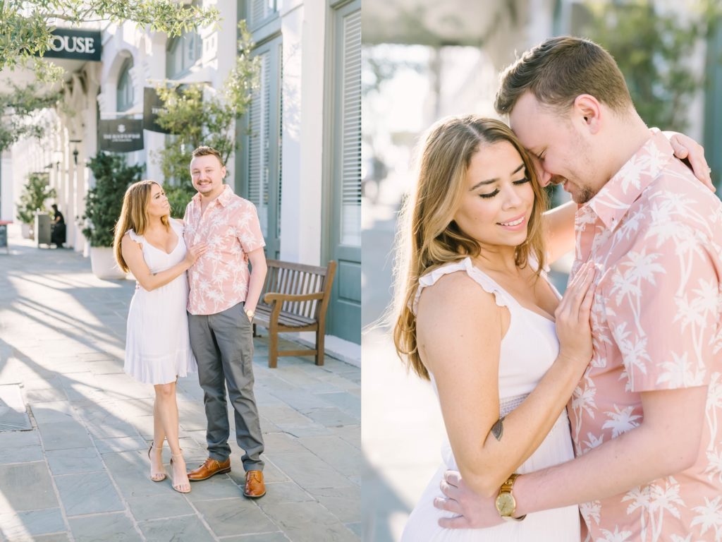 On a beautiful bright street an engaged couple smile for engagements with Christina Elliott Photography. modern engagements in Texas #ChristinaElliottPhotography #ChristinaElliottEngagements #TheTremontHouse #Texasengagements #shesaidyes