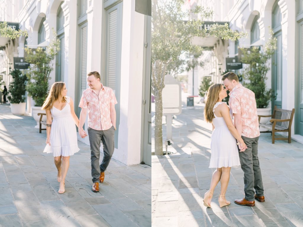 Texas engagement portraits on a cobblestone street by Christina Elliott Photography. family photography Texas #ChristinaElliottPhotography #ChristinaElliottEngagements #TheTremontHouse #Texasengagements #shesaidyes
