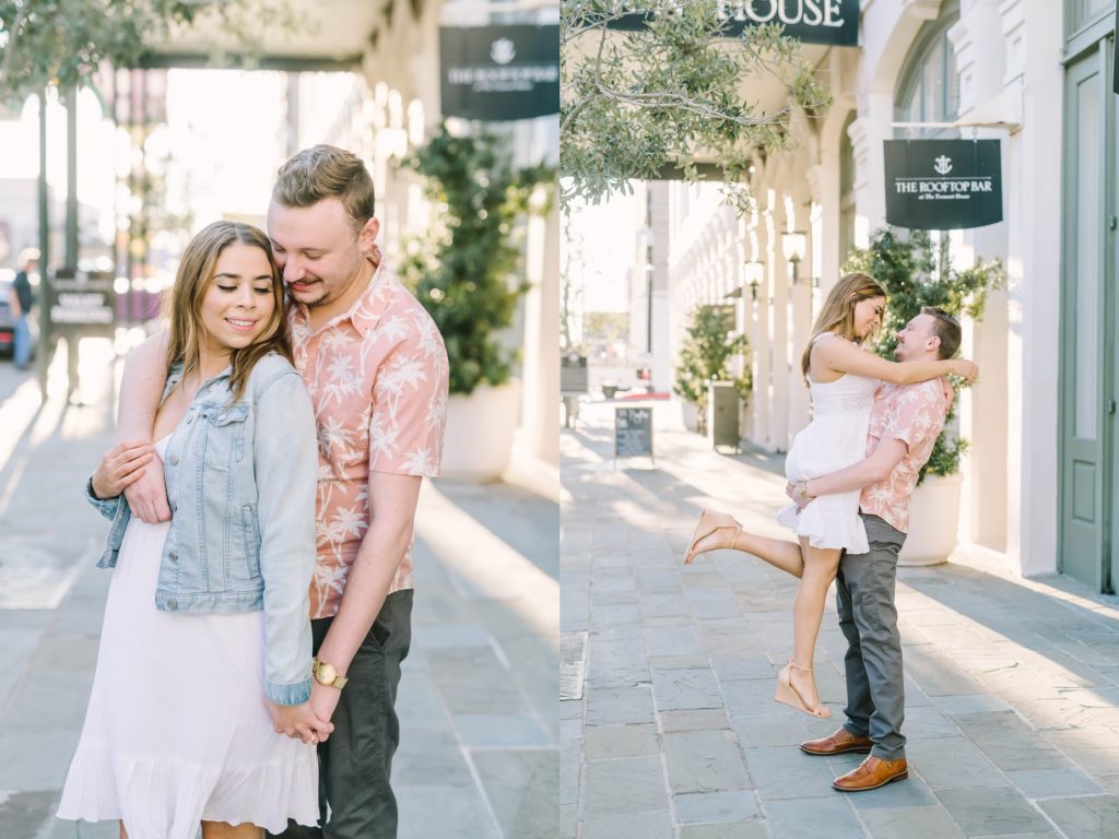 Christina Elliott Photography captures an engaged couple snuggling together at sunset in Galveston, Texas. wedding announcement portraits #ChristinaElliottPhotography #ChristinaElliottEngagements #TheTremontHouse #Texasengagements #shesaidyes