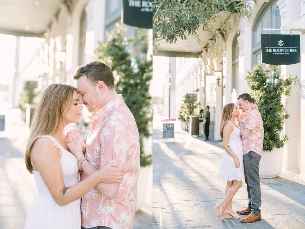 Galveston wedding photographer captures a man going in for a kiss by Christina Elliott Photography. summer engagements in Texas #ChristinaElliottPhotography #ChristinaElliottEngagements #TheTremontHouse #Texasengagements #shesaidyes