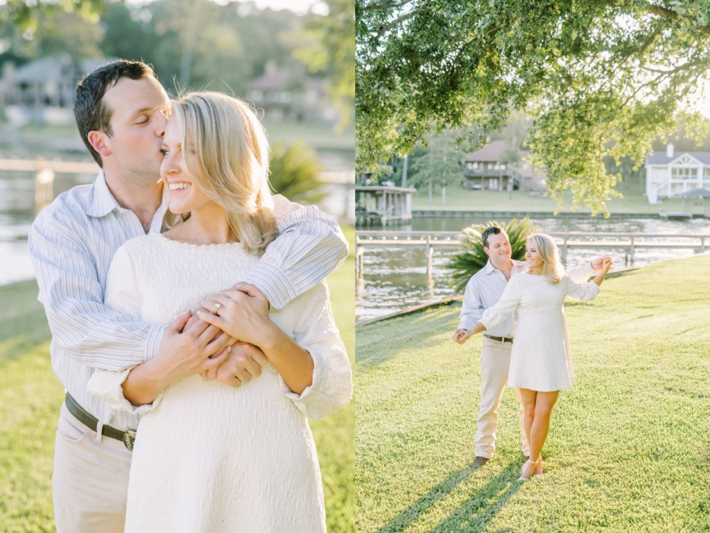 Texas photographer captures a man dancing with his girl underneath a green tree by Christina Elliott Photography. dancing lovers #ChristinaElliottPhotography #ChristinaElliottEngagements #LakeLivingston #summerengagements #Texasphotographer