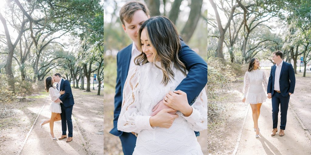 Oak tree lined pathway at Rice University for a Houston engagement session.
