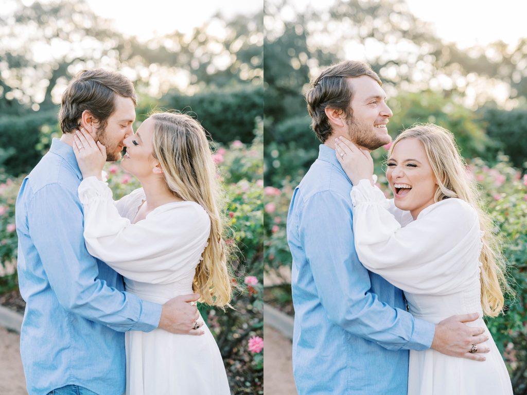 Couple laughs and poses for their Houston engagement session with Houston wedding photographer.